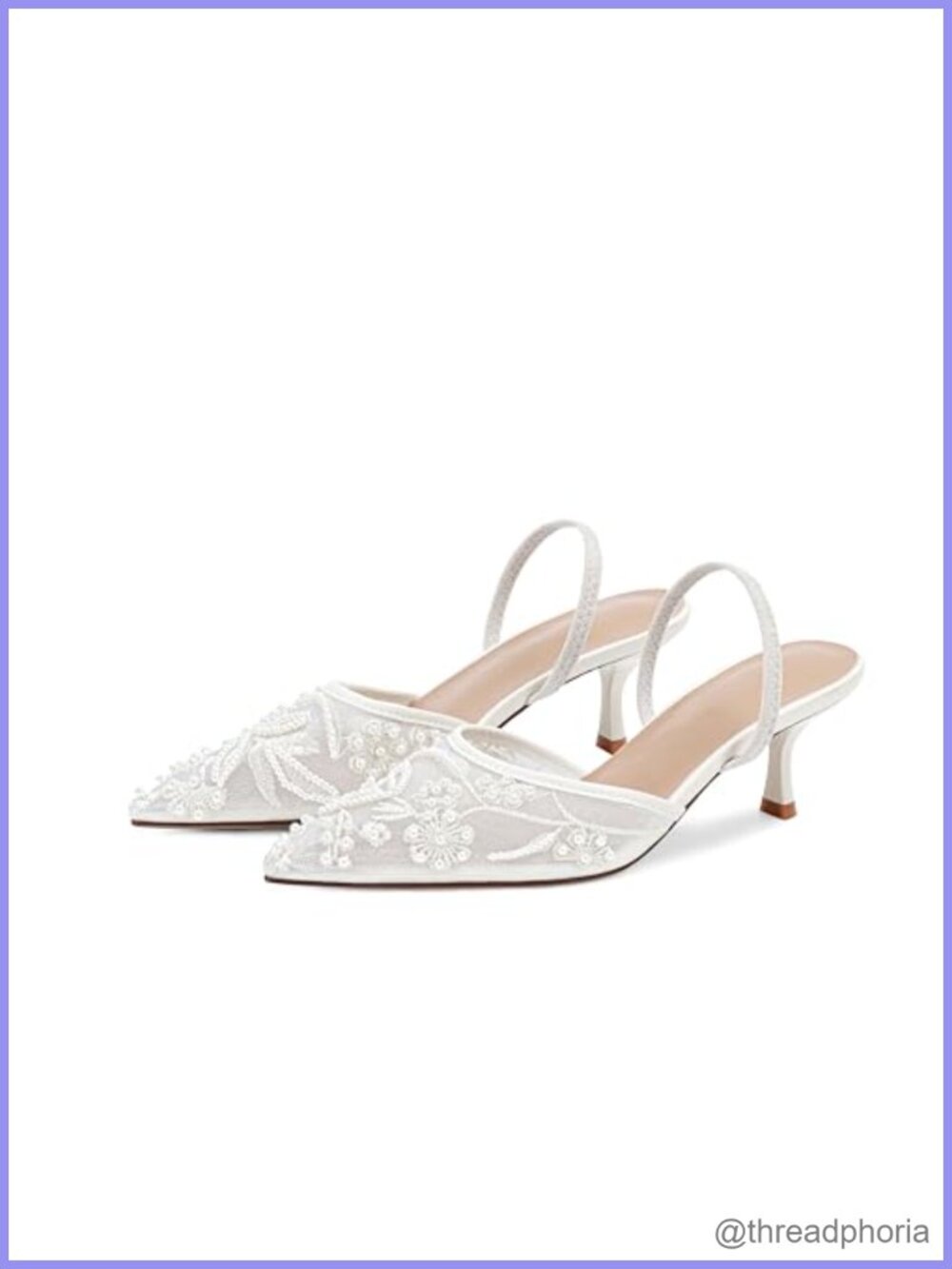 Embroidered Mesh Kitten Heel Slingback Sandals Pointed Toe Pearl Bridal Wedding